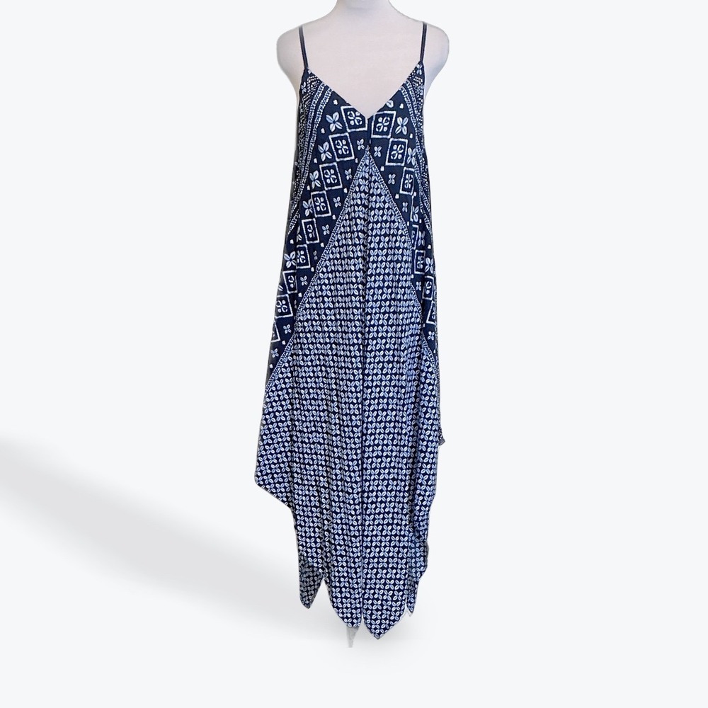 Tommy Bahama Indigo Cowrie Diamonds Scarf Dress Blue White Handkerchief Hem S/M